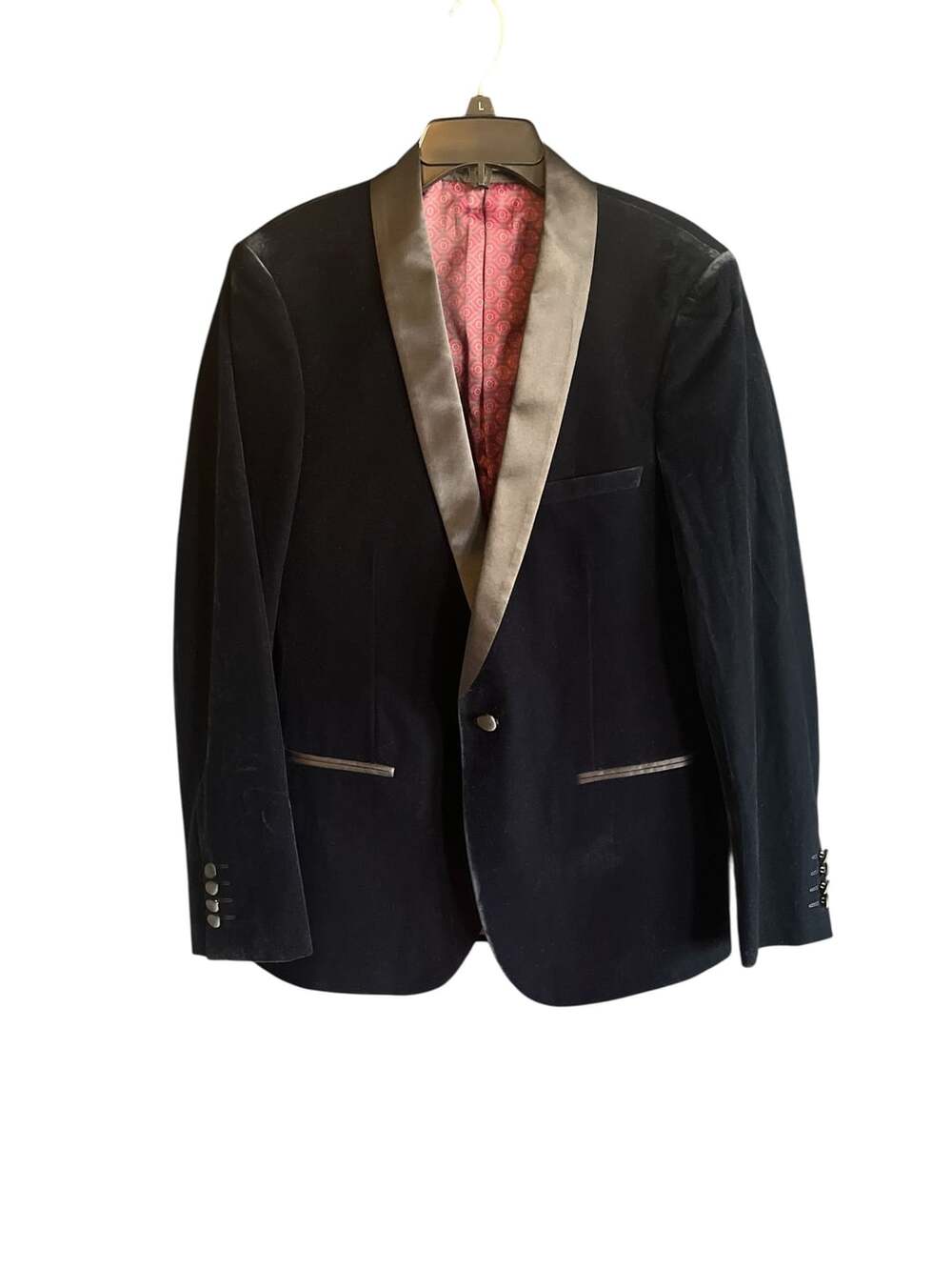 Paisley & Gray Men's Slim Fit Black Velvet Tuxedo Blazer with Gray Shawl Lapel